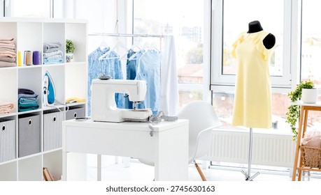 Sewing Workshop With Fabrics, Sewing Machine, And Necessary Items For Sewing