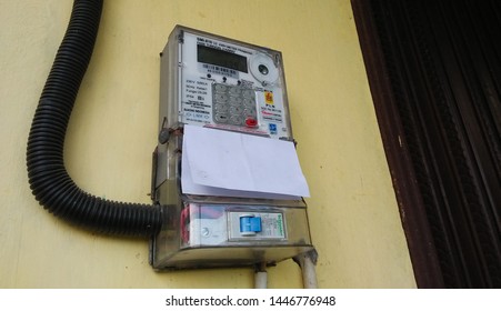 Sewon, Indonesia - July 06, 2019: New Electricity Meter On The Walls Of Houses In Indonesia. This Is Prepaid Electricity House