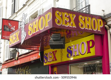 Sex shop and table dance bars in the red light district of Paris - PARIS / FRANCE - SEPTEMBER 25, 2016