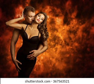 Sexual Couple, Passion Man Kiss Sensual Woman to Neck, Love Flame