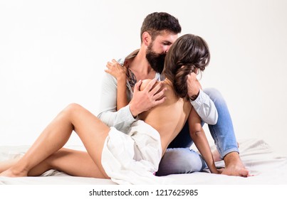 Sexual Game. Sexual Desire Concept. Man Full Of Desire Tease Seduce Girlfriend Sensual Foreplay. Couple Make Love Sex. Hipster Lover Hug Kiss Sexual Naked Female Body. Libido And Sexual Appetite.