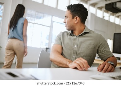 Sexual Harassment, Desire And Suggestive Business Man In A Office Looking At A Woman From Behind. Male Worker Staring With An Inappropriate, Provocative Look At The Body Of A Walking Female Employee