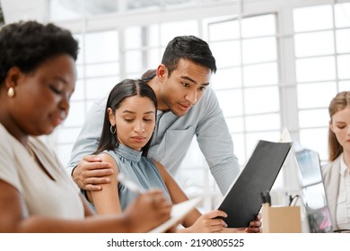 Sexual Harassment Or Inappropriate Touch By A Businessman On A Female Employee By Putting His Hand On Her. Unhappy And Awkward Female Coworker Feeling Uncomfortable Due To Behavior In The Office