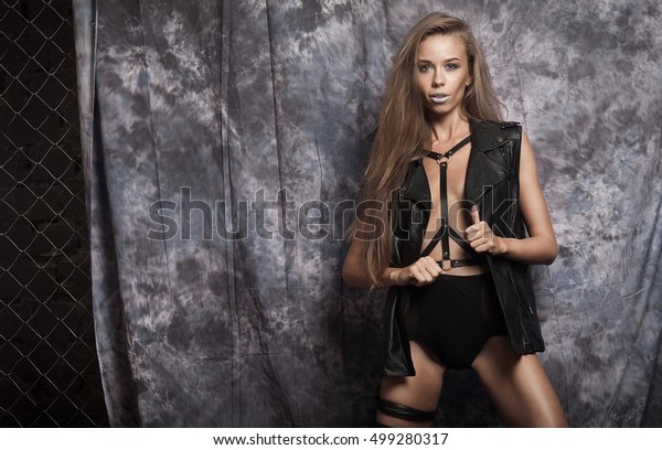 Sexy Adult Woman Black Leather Jacket