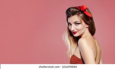 Sexy American Style Pinup Girl. Glamour Retro Make-up With Red Lipstick On Lips. Playful Look For Celebrate Valentines Day