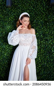 Sexy Beautiful Brunette Woman Pretty Bride Wedding Big Day Marriage Ceremony In Summer Garden Wearing Long Silk And Lace White Dress Bright Makeup Hairstyle Pure Love Interior.