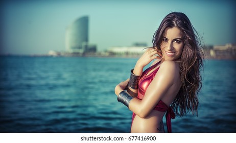 Sexy Beautiful Brunette Woman Red Bathing Stock Photo