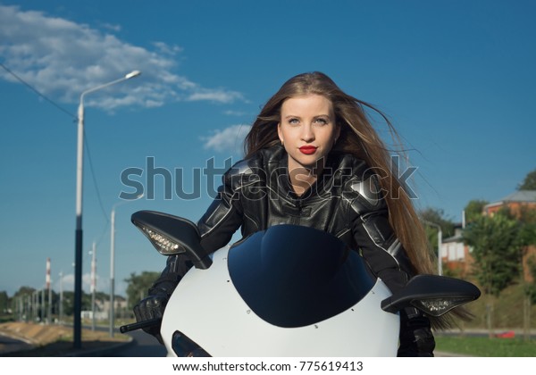 Sexy Biker Girl Leather Jacket On Stock Photo (Edit Now) 775619413