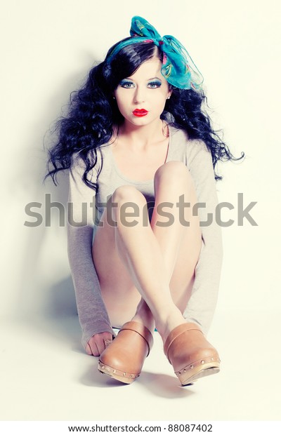 Sexy Black Haired Pin Girl Blue Stock Photo Edit Now 88087402