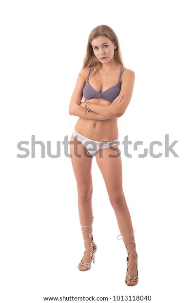 Sexy Blond Girl Bikini High Heels Stock 