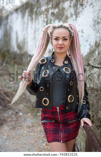 Sexy Blond Girl Dreadlocks Leather Jacket Stock Photo Edit