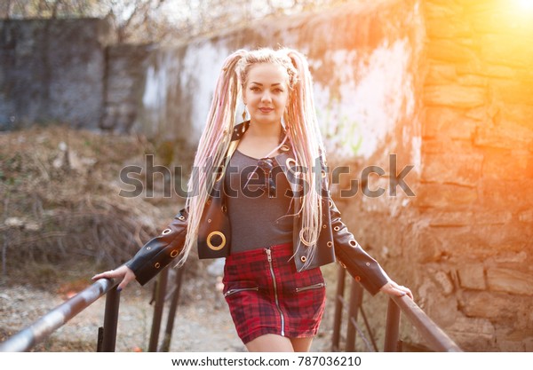 Sexy Blond Girl Dreadlocks Leather Jacket Stock Photo Edit