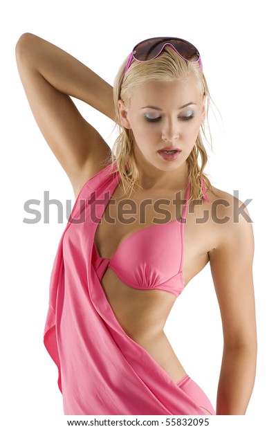 Sexy Blond Girl With Wet Hair In Pink Bikini And Pareo Taking Fashion