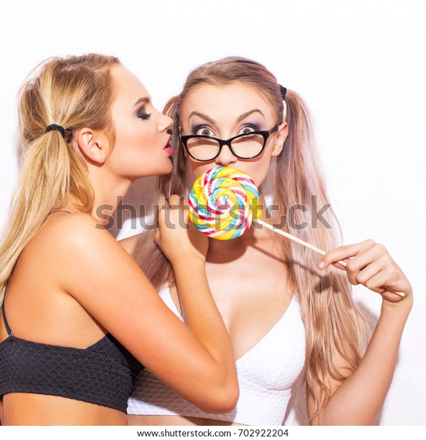 Sexy Blonde Lesbian Women Playing Lollipop Stock Photo Edit Now