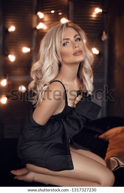 Sexy Blonde Woman Portrait Black Shirt Stock Photo Edit Now