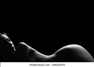 Sexy Body Nude Woman. Naked Sensual Beautiful Girl. Artistic Black And White Photo.