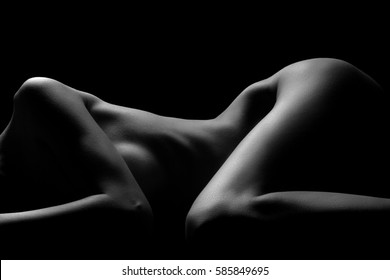 Sexy Body Nude Woman. Naked Sensual Beautiful Girl. Artistic Black And White Photo.