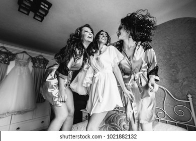 Sexy Bride Bridesmaids Jumping On Bed Stock Photo (Edit Now) 794165689