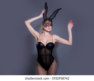 Sexy bunny woman. Easter model. Beautiful seductive girl in sexy lingerie. Fashion portrait girl in bunny mask