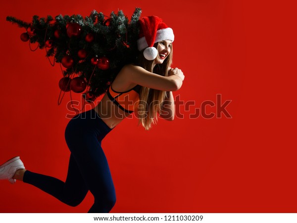 Sexy Christmas Fitness Sport Woman Wearing Stock Photo