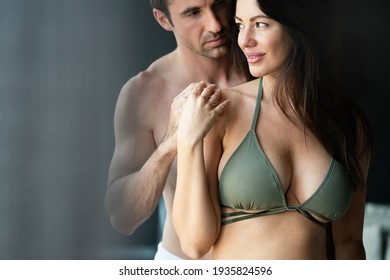 Sexy couple in love in bedroom, people, sex, sensual concept