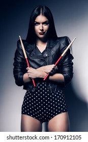 Sexy Drummer Woman In Black Jacket