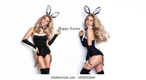 Sexy Easter bunny girl. Sexy blonde model dressed in Easter bunny costume and bunny ears isolated on white background. Halloween and Easter bunny costume - Image. Hot girl.