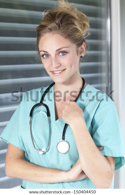 Sexy Female Doctor Stethoscope Looking Camera ภาพสตอก Shutterstock