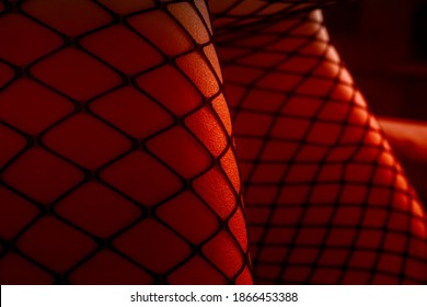 Sexy female legs, hips wearing fetish underwear adult fishnet stockngs. Red lighting