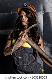 Sexy Female Miner Worker Pickaxe Coveralls Stock Photo Edit Now