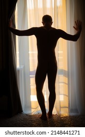 Sexy gay silhouette. Naked muscular young man posing on window in backlit sunlight. Handsome naked muscular young man at home posing nudity with drapes by large windows.
