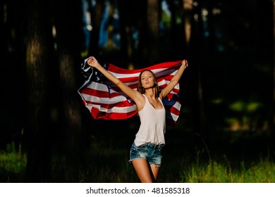  Sexy Girl With American Flag In Hands.