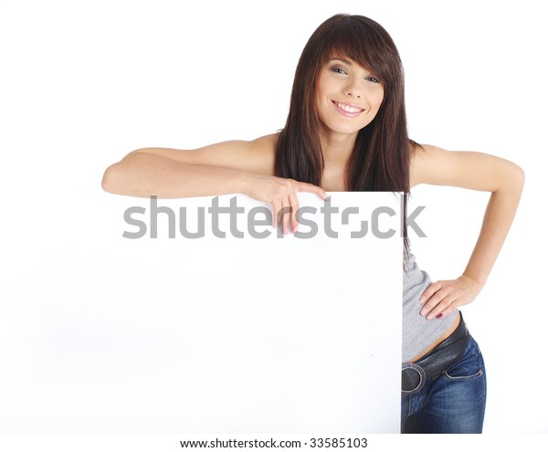 Sexy girl holding a blank billboard. 