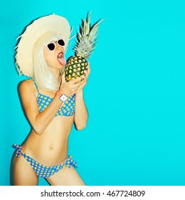 Sexy Girl Lick Pineapple. Hot Beach Party.