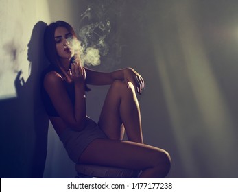 Sexy Girl Smoking Cigarette Room de stock 1477177238 Shutterstock