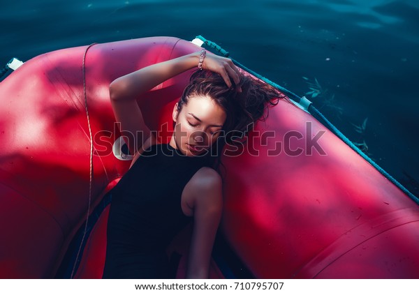 Sexy Girl In Swimwear Posing Skinny Girl In A Boat Fashion Colors Glamour Portrait Pretty