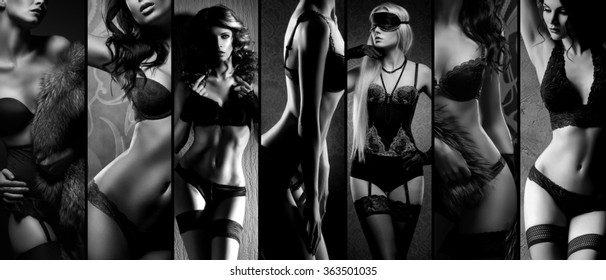 Sexy Girls In Erotic Lingerie. Underwear Collection In Black And White.
