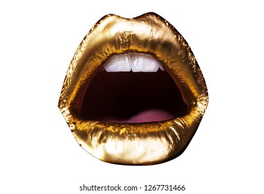 Sexy Gold. Luxury Lips Make-up. Golden Lips With Creative Lipstick. Gold Paint On Lips And White Teeth Of Young Girl. Sexy Woman With Emotions Female Open Mouth Isolated On White Background