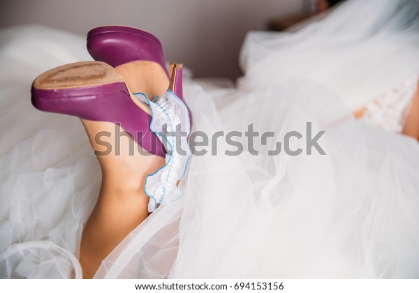 Sexy Legs Bride Purple Shoes Lace Stock Photo Edit Now 694153156