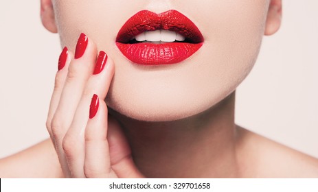 Sexy Lips And Nails Closeup. Open Mouth. Manicure And Makeup. Make Up Concept. Kiss.Photo Toned Style Instagram Filters.
