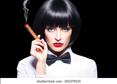 Sexy Mafiosi Woman With Cigar In Tuxedo, Beauty, Isolated On Black, Mafia