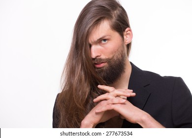 Sexy Man With Long Hair In Modern Suit