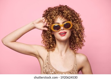 Sexy Model Curly Hair Red Lips Smile Sunglasses Bright Makeup