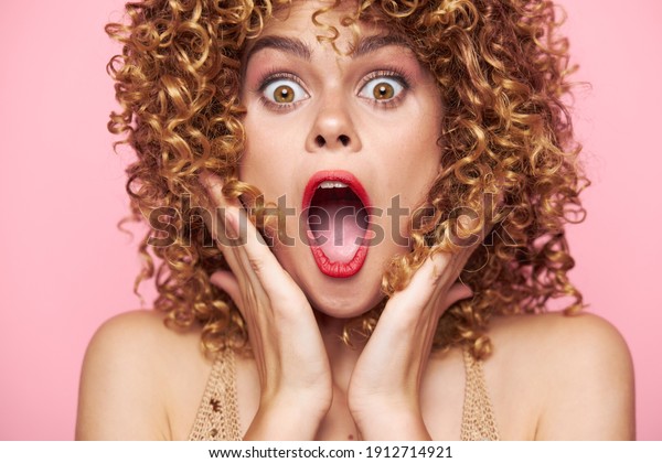 Sexy model Mouth wide open in surprise fashionable\
clothes 