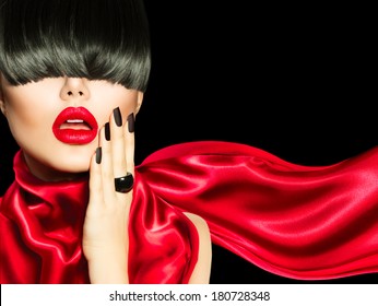 Sexy Model Woman Portrait. High Fashion Girl With Trendy Hair Style, Make Up And Manicure. Long Black Fringe Hairstyle