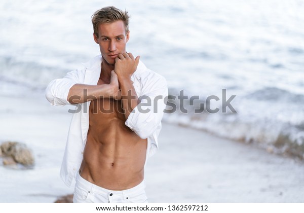 Sexy Muscular Man White Shirt Barechested Stock Photo Shutterstock