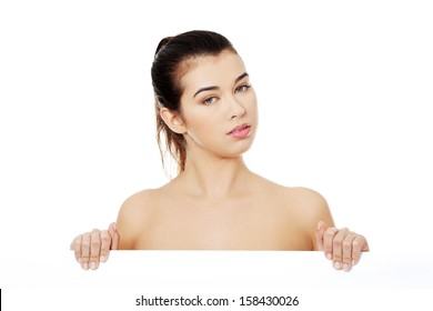 Sexy Naked Brunette Holding Empty Board Foto Stok 122011885 Shutterstock