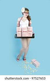 Sexy Pin Up Model Selling Popcorn In Paper Bags