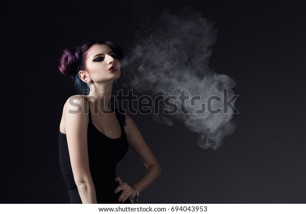 Sexy Purple Haired Girl Black Dress Stock Photo Edit Now 694043953