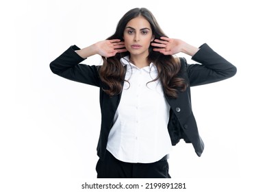 Sexy Sensual Business Woman Portrait. Fashion Businesswoman In Suit Isolated On White Studio Background. Female Office Worker, Success Manager. Business Women Vogue Style.